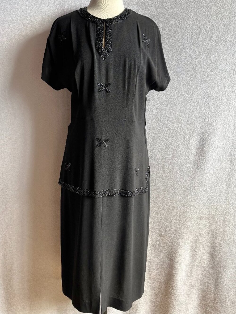 1940s Black Rayon Crepe Beaded Peplum Dress